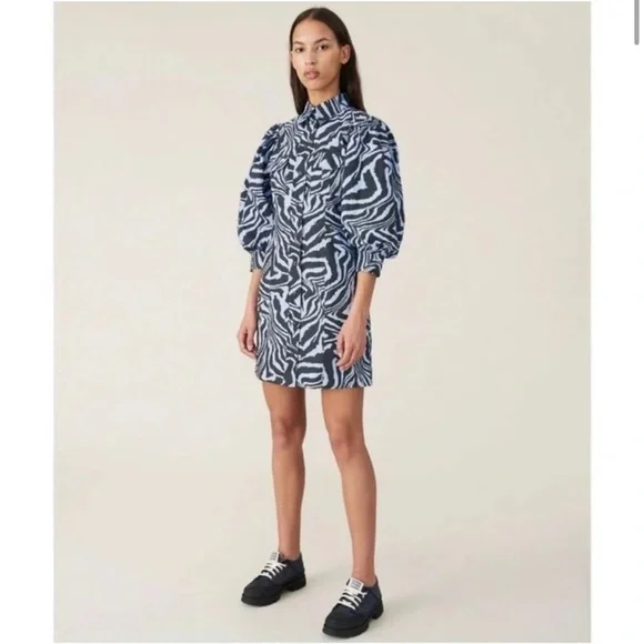 Ganni Blue Black Zebra Animal Print Puff Sleeve Mini Dress Size Small - Picture 2 of 11